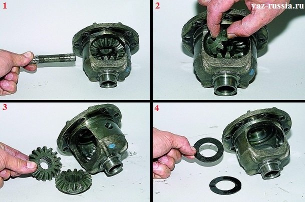 Вынимание оси сателлитов и извлечение самих сателлитов из дифференциала, а так же снятие полуосевых шестерён и их опорных шайб